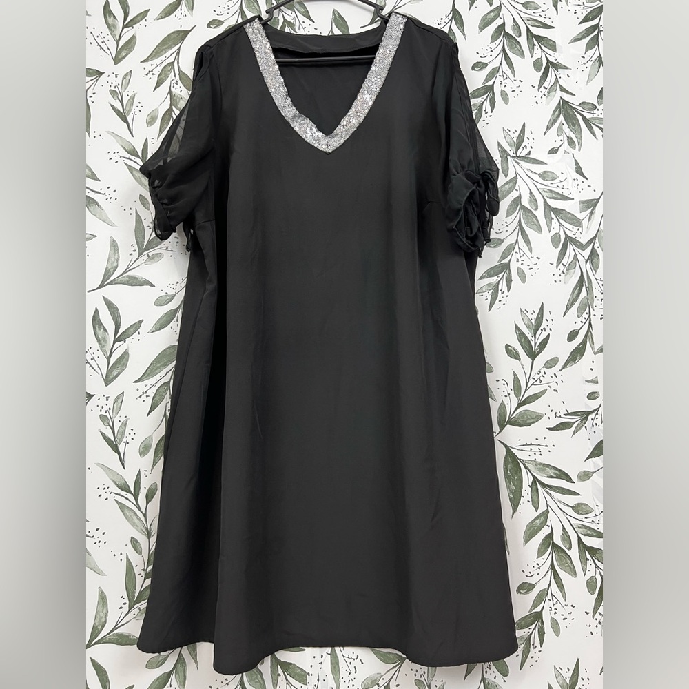 Loose Comfy V Neck Short Sleeve Bow Off Shoulder Midi Sequin Dress Boho Size XXL - Picture 2 of 14